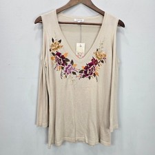 NWT JOHNNY WAS Knit Sweater Top M Beige Floral Embroidery Silk Cashmere Read