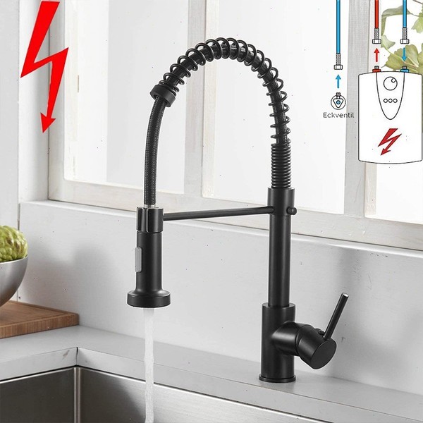 Niederdruck KüChenarmatur Ausziehbar Brause Schwarz 360° Wasserhahn KüChe Boiler-image