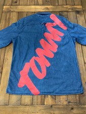 VTG Tommy Hilfiger Denim Shirt Big Logo Red Spellout Y2K Mens XL Streetwear