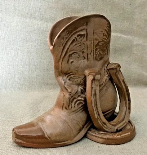 Vtg Country Western Cowboy Boot Horseshoes Bookend Vase Country Chic SapulpaClay