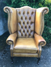 Vintage Hand Dyed Ochre Leather Chesterfield Wing Armchair