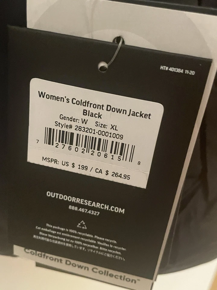 Sudadera con capucha negra para mujer Outdoor Research Coldfront 700+ nueva con etiquetas. Lista XL $199 Foto 3 de 4