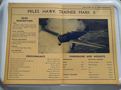 MILES HAWK TRAINER MARK II AERO ENGINEERING AIRCRAFT OLD DATA CHART DE HAVILLAND