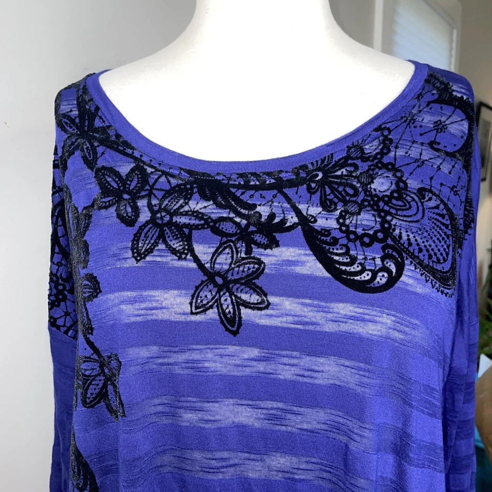 Desigual Mujer Top Manga Larga X-Grande Azul con Detalle Encaje Negro Rayas