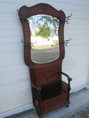 Early 1900s Victorian Carved Hall Tree Coat Hat Stand with Mirror