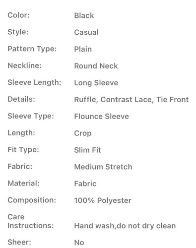 Women L (8-10) = Junior XXL Sexy Crop Top Lace Front Tie Long Sleeve Black Shirt - Picture 5 of 7