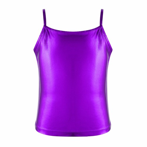 Girl Metallic Dance Tank Kids Camisole Shorts Sports Top Shiny Stage Dancewear - Picture 81 of 108