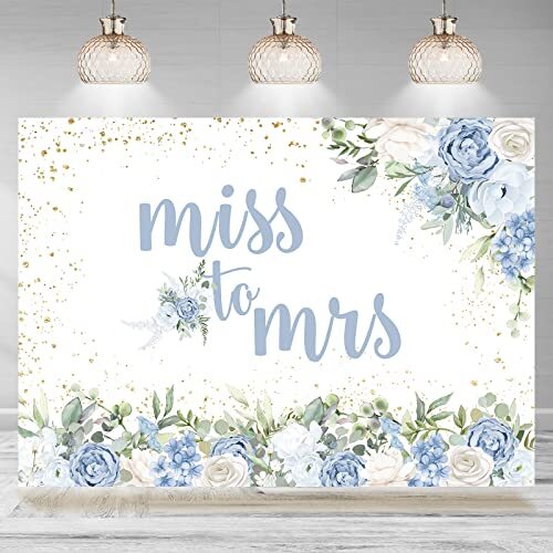 Miss To Mrs Backdrop Blue Floral Gold Dots Bridal Shower Photography Background