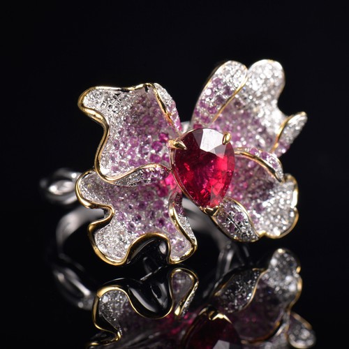Luxury Solid 14K Gold Natural Diamond Pink Sapphire Tourmaline Women Flower Ring - Picture 9 of 11