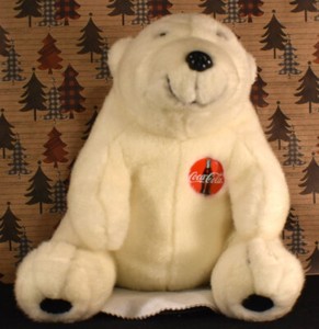  1993 Coca Cola Plush Polar Bear  12" Tall  w/ plastic Red Coke  Badge