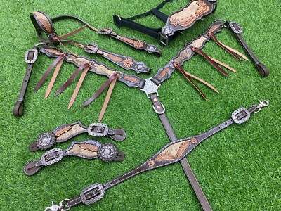 Genuine Leather Western Headstall Set for Horse Decorated with Feather Carving
