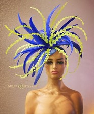 Aimee Fuller Kentucky Derby Oaks Fascinator Hat Green Blue Feather XL Headpiece