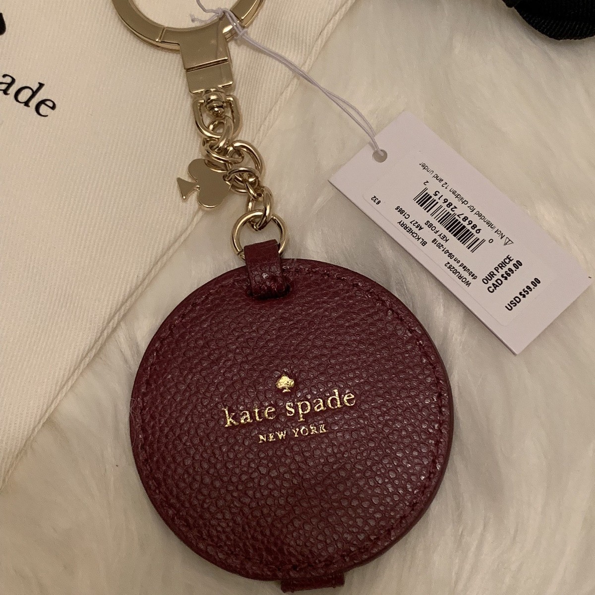 NWT Kate Spade Compact Mirror Leather Key Fob KeyChain in Scarlet
