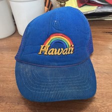 Vintage 80s Hawaii Rainbow Snapback Corduroy Trucker Hat, Hawaiian Headwear