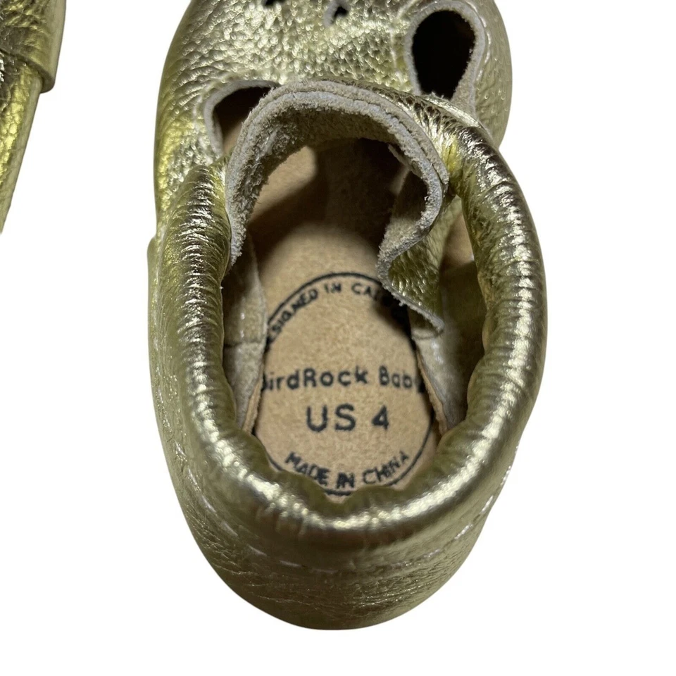 Sapato bebê Bird Rock Baby EUA 4 couro dourado metálico Mary Janes sola de camurça - Imagem 2 de 3