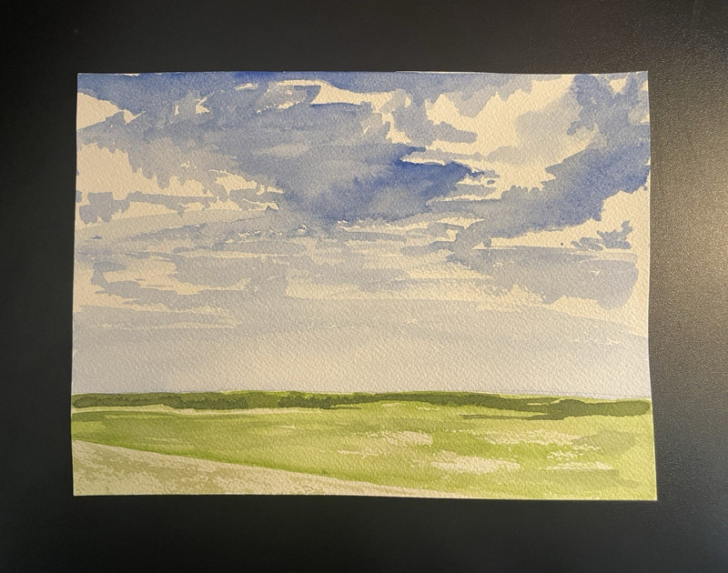Small Contemporary Watercolor Landscape & Sky Painting on Paper, Unframed