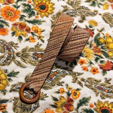 Morris Moskowitz Vintage Brown Suede Striped Belt Wood O-Ring Buckle Small