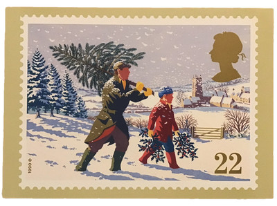 Vintage 1990 ROYAL MAIL Postkarte BRINGING HOME THE CHRISTMAS TREE UNBENUTZT 
