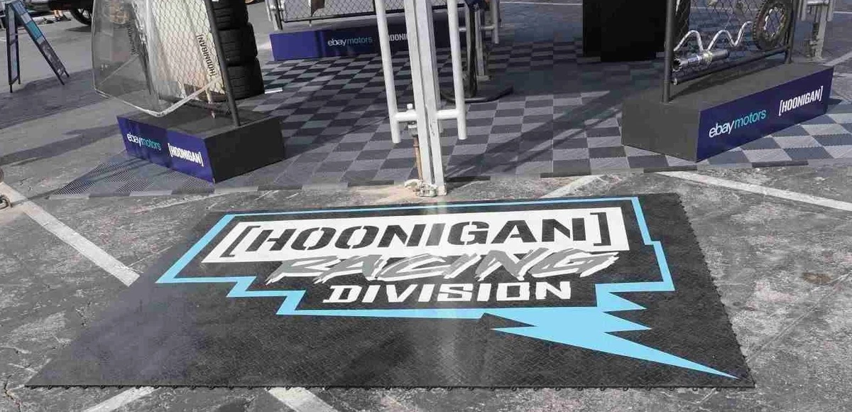 Hoonigan Racing Division floor tiles at SEMA 2022 - eBayMotors