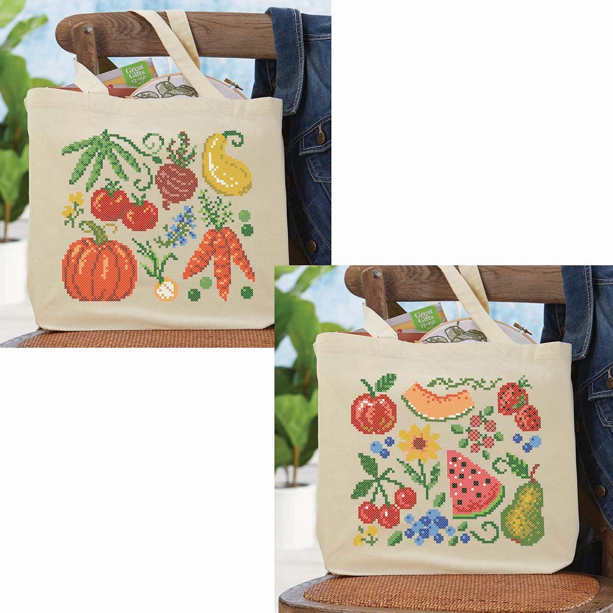 Herrschners&reg; Fruit & Veggies Market Tote Bags Stamped Cross