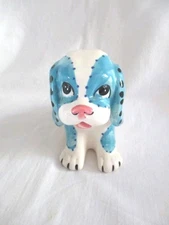 VTG UCAGCO BLUE WHITE PATCHWORK SAD PUPPY DOG CERAMIC PLANTER KITSCH PY JAPAN