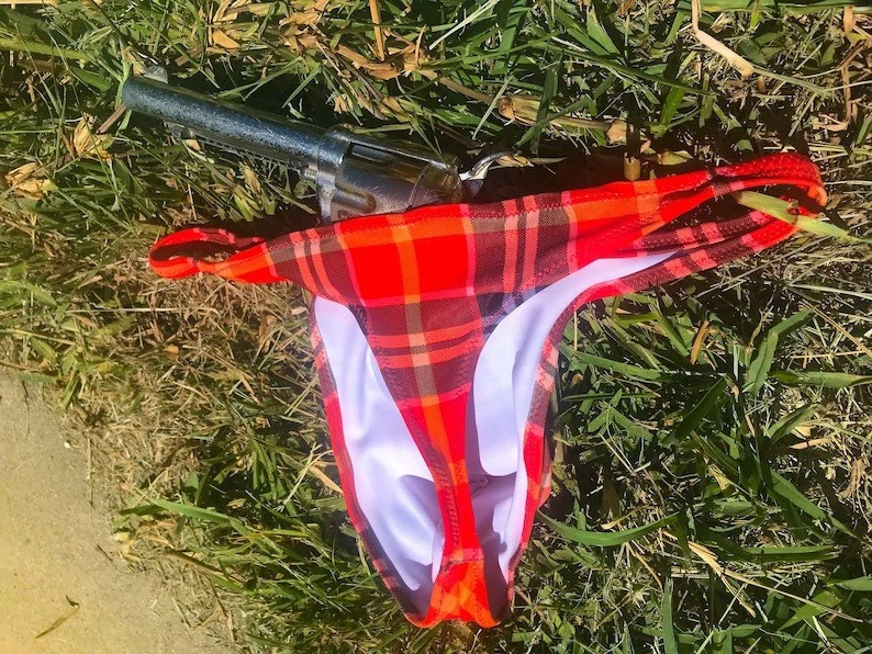 Sexy Men’s Cowboy Red Tartan Plaid Thong - Image 2 of 4