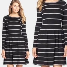 ELIZA J  Fit & Flare Striped Long Sleeve Dress Size XL Black White