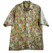 Woolrich Mens Hawaiian Shirt L Cotton Aloha Camp Collared Brown Green Leaf Print