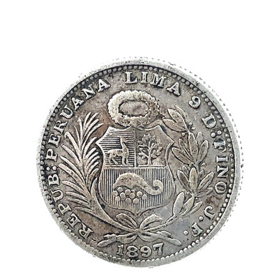 1897 Peru -  1/5 Sol - 1897 JF 0.900 Silver  Coin. KM #205.2