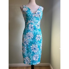 David Meister Blue white Floral V Sleeveless Sheath Dress 6 retro preppy Y2K