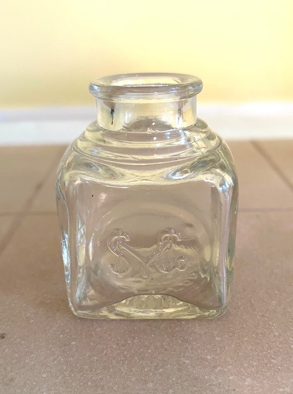 2 oz. Square Sanford's Embossed Glass Ink Well Bottle 2 3/4" High