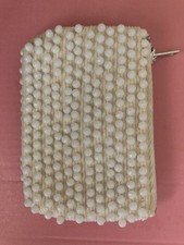 Elegant Vintage Style Ivory White Beaded Fabric Coin Purse with Zipper Closure