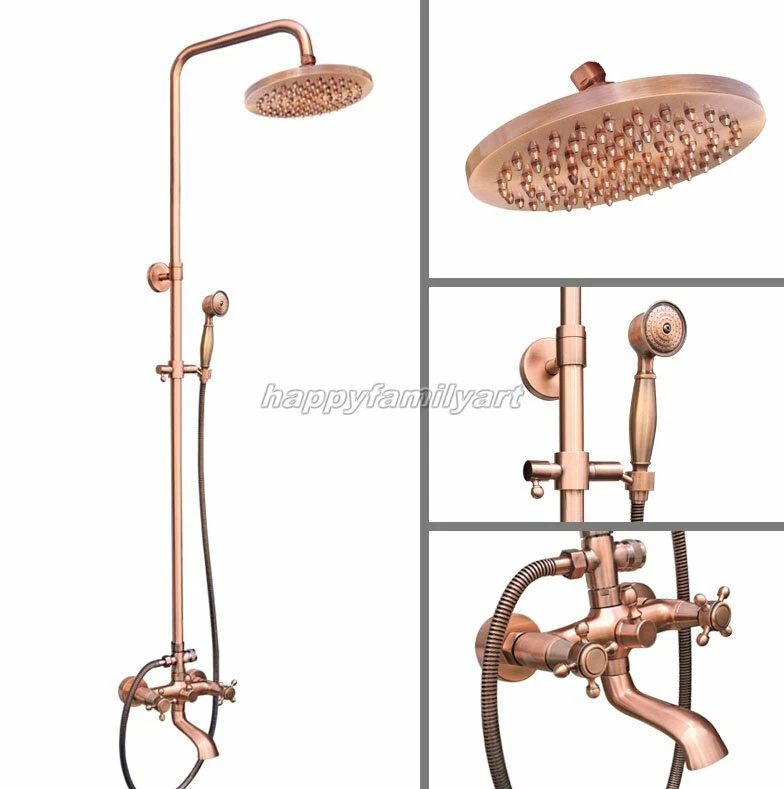Antique Red Copper Bathroom Rain Shower Head Faucet Set Bathtub Mixer Tap yrg513