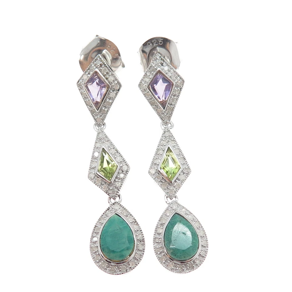 925 Sterling Silver Real Diamond Emerald Amethyst & Peridot Dangle Earrings - Image 4 of 4