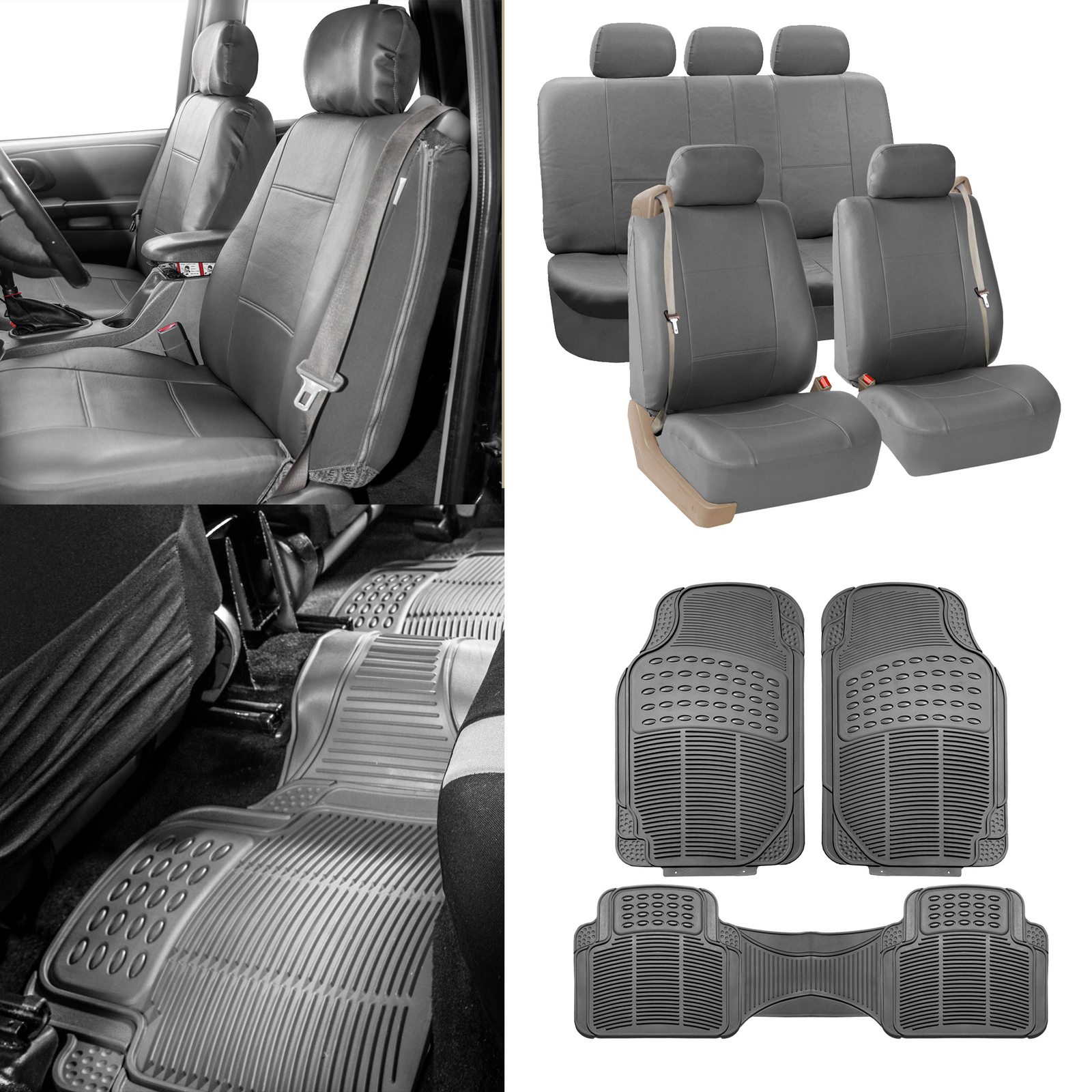 Gray Integrated Seatbelt Seat Covers for Truck SUV w/ Gray Floor Mats