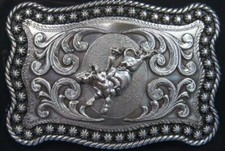Nocona Western Belt Buckle Bull Rider Rope Edge Rectangular Silver Tone 3759002
