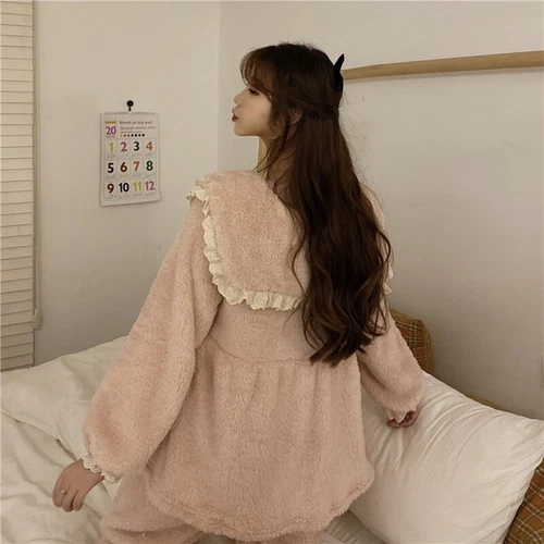 Women Winter Two-Piece Set princess Sweet Bow-Knot Ruffled Loose Plush Pajamas H - Picture 4 of 17