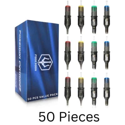 BRANDED Poseidon Tattoo Cartridge Needles 50Pcs Assorted Mixed Size Round Liner Shader