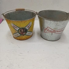 2 beer ice buckets with handles budweiser & miller high life galvanized