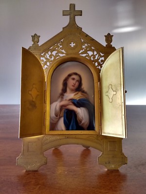 Antique Limoges - Alph Giroux Paris - Virgin Mary Porcelain Plaque - Gold Gilt