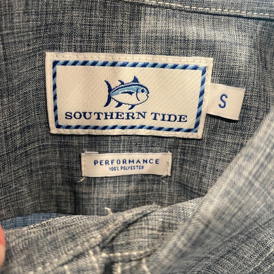 Southern Tide Men's Sz S Navy Blue Chambray SS Performance Shirt Button Down - Image 2 of 4