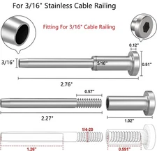 Lot T316 3/16" Stainless Steel Swage Threaded Invisible Tensioner  Cable Railing