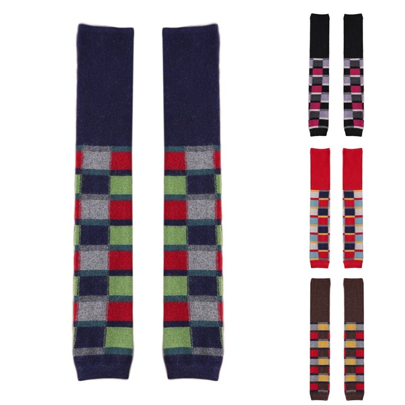 Women Knit Faux Wool Thigh High Socks Multicolor Plaid Print Long Leg Warmers