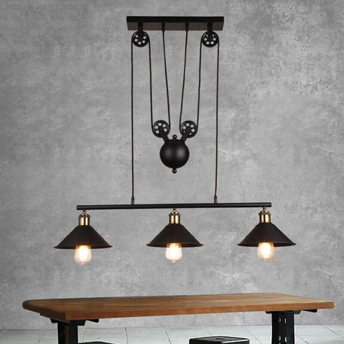 Industrial Kitchen Island Light Modern 3-Heads Hanging Ceiling Light Band Pulley - Picture 4 of 8