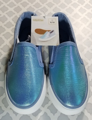 Kid's Slip-On Sneakers Memory Foam Canvas Blue Shimmer Lily & Dan New Size 9/10