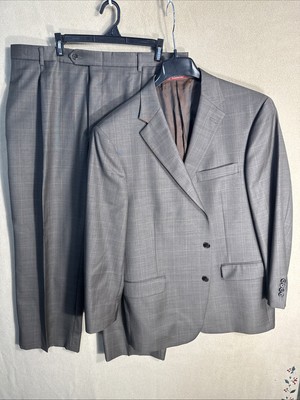 Hart Schaffner Marx 46R Extra Slim Brown Sharkskin Plaid Wool 2 Piece Suit 38x28