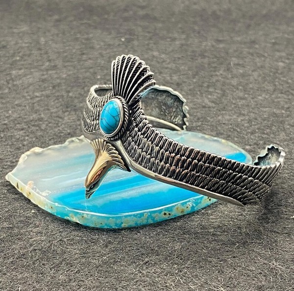 Alternate view of Handcrafted Silver Eagle Cuff Bracelet Turquoise Gold Plated Eagle Head