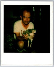 Vtg Polaroid Snapshot Photo Man Holding Cute Small Kitten Graphic Tee