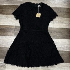NWT! Blu Pepper Black Lace Midi Dress Size Medium Lined Back Zip Short Sleeve