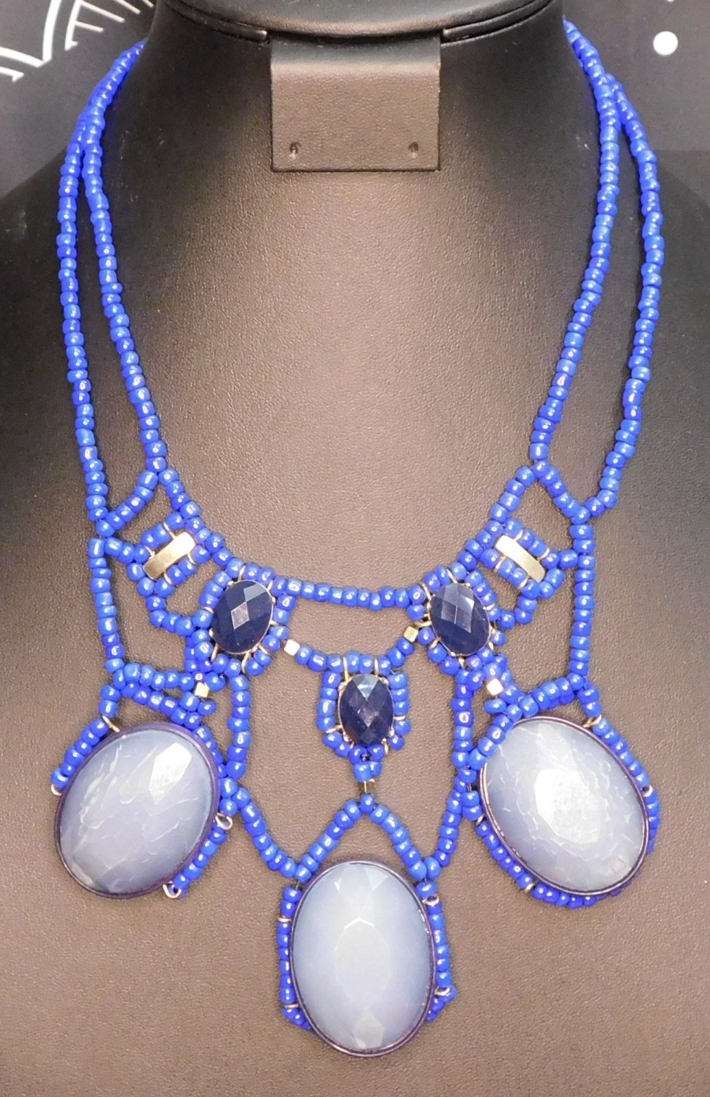 Blue Beaded Cabochon Statement Necklace - image 3